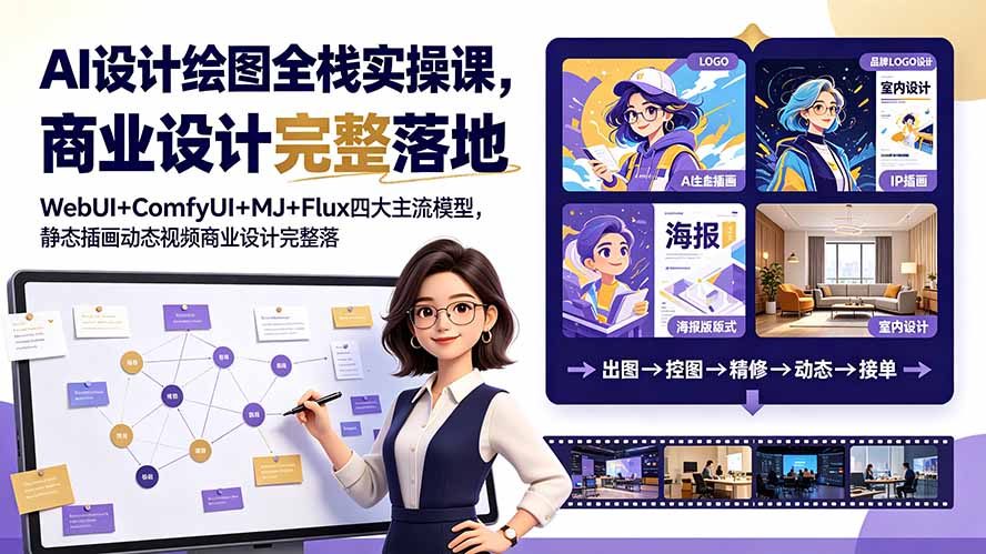 （19244期）AI设计绘图全栈实操课，WebUI+ComfyUI+MJ+Flux四大主流模型，静态插画动态视频商业设计完整落地教程-宇文网创