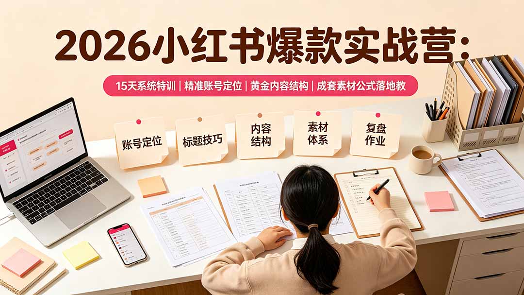 （19332期）2026小红书爆款实战营：15天系统特训｜精准账号定位｜黄金内容结构｜成套素材公式落地教程-宇文网创
