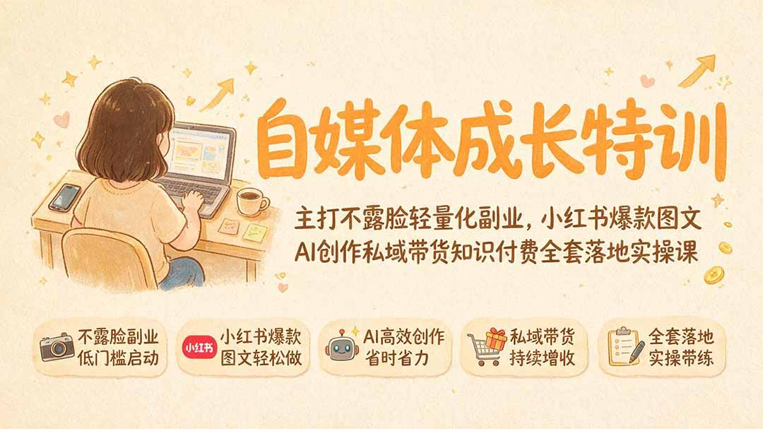（19584期）自媒体成长特训｜主打不露脸轻量化副业，小红书爆款图文AI创作私域带货知识付费全套落地实操课-宇文网创