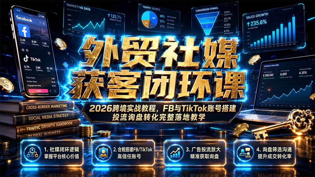 （19611期）外贸社媒获客闭环课｜2026跨境实战教程，FB与TikTok账号搭建投流询盘转化完整落地教学-宇文网创