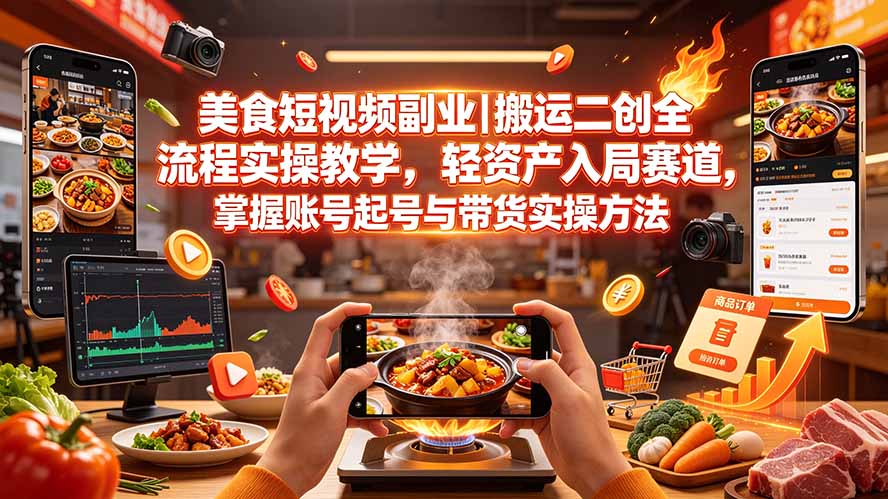 (19535期)美食短视频副业|搬运二创全流程实操教学,轻资产入局赛道,掌握账号起号与带货实操方法-宇文网创