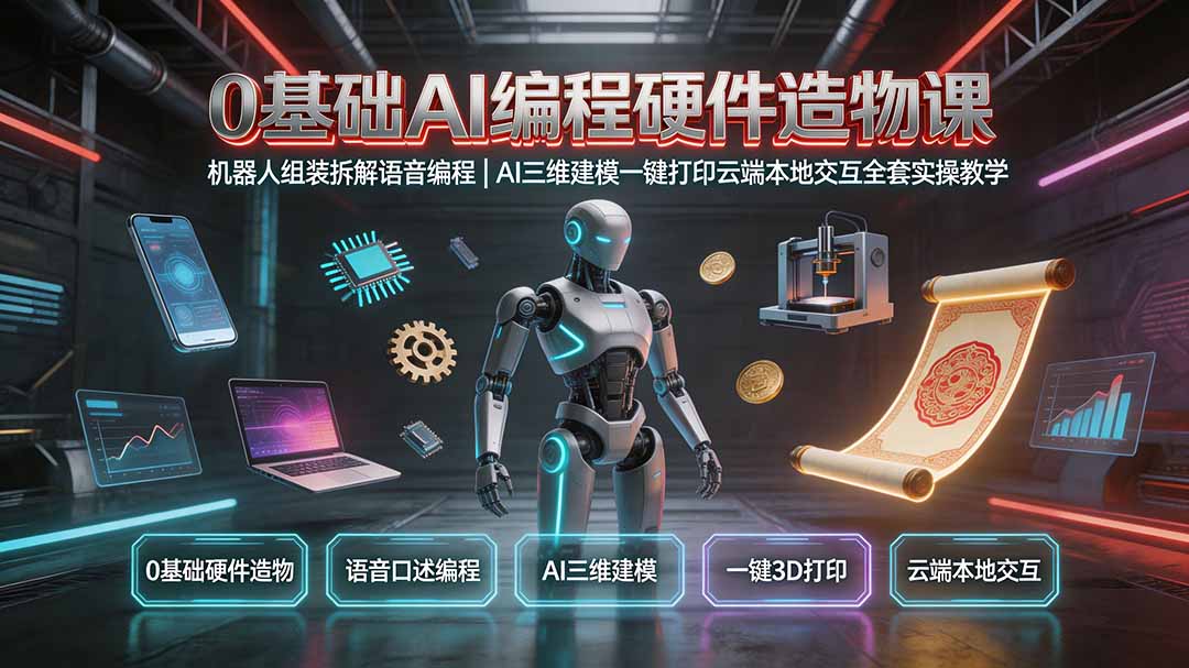 （19612期）0基础AI编程硬件造物课｜机器人组装拆解语音编程，AI三维建模一键打印云端本地交互全套实操教学-宇文网创