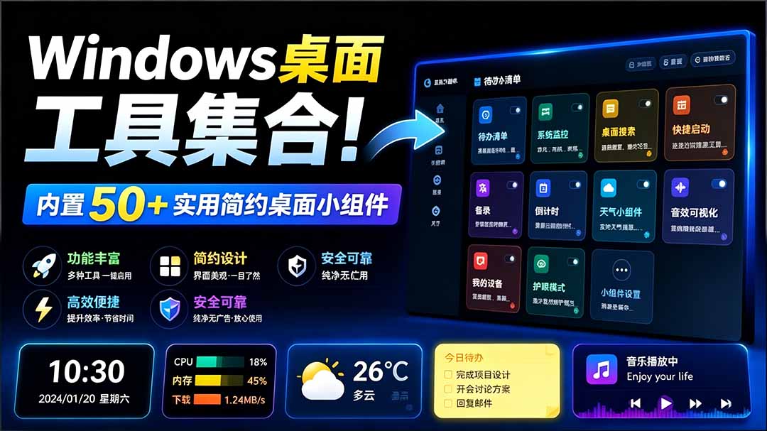 （19585期）Windows桌面工具集合！内置50+实用简约桌面小组件，含截图、录屏、翻译、天气等，多秘工具箱-宇文网创