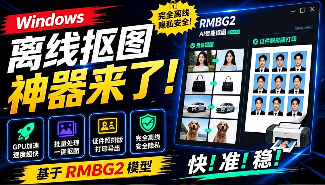 (19357期)Windows离线抠图神器来了!支持批量抠图 + 证件照排版打印,基于RMBG2模型,GPU加速 方块AI抠图-宇文网创