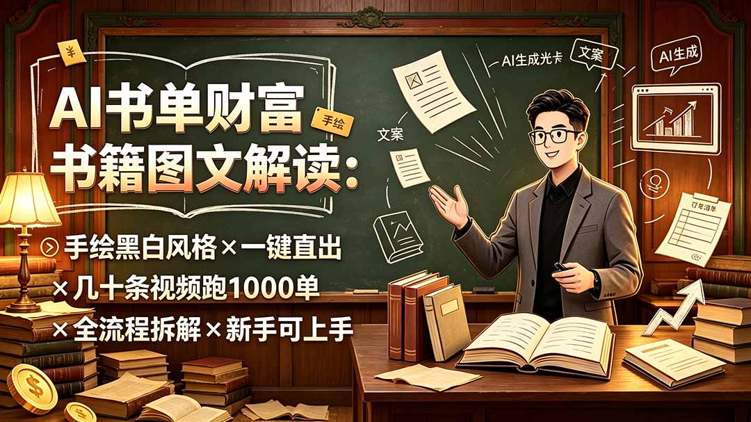 (19515期)AI书单财富书籍图文解读:手绘黑白风格×一键直出×几十条视频跑1000单×全流程拆解×新手可上手-宇文网创