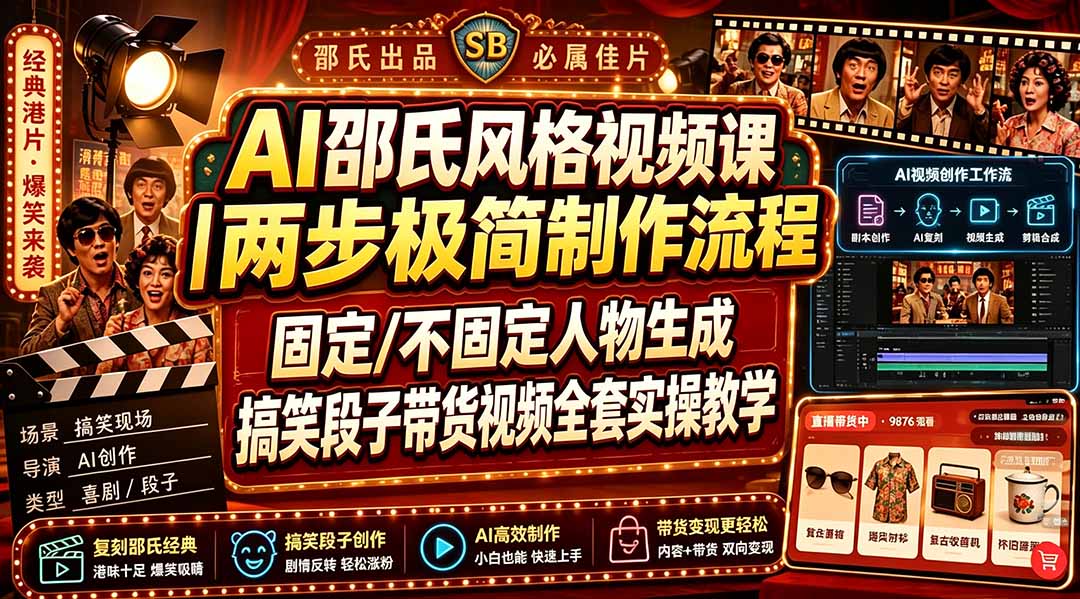 （19602期）AI邵氏风格视频课｜两步极简制作流程，固定/不固定人物生成，搞笑段子带货视频全套实操教学-宇文网创