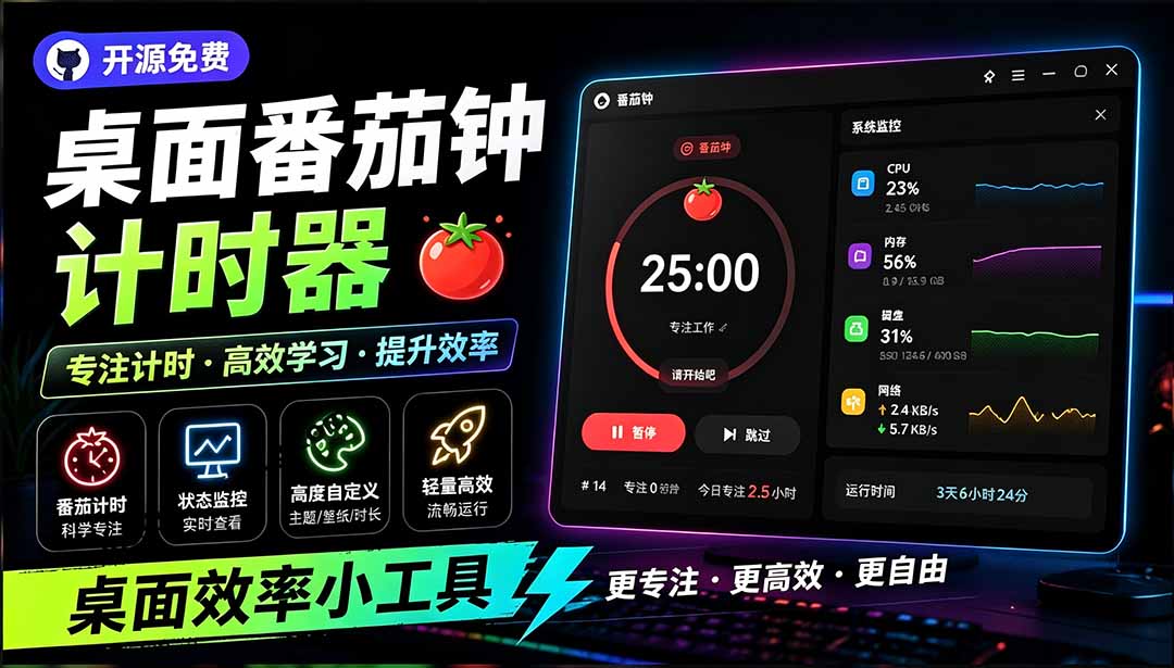 （19564期）仅1.16MB，开源极简的桌面时钟、番茄钟计时器，还支持系统监控显示，桌面效率小工具 Catime-宇文网创