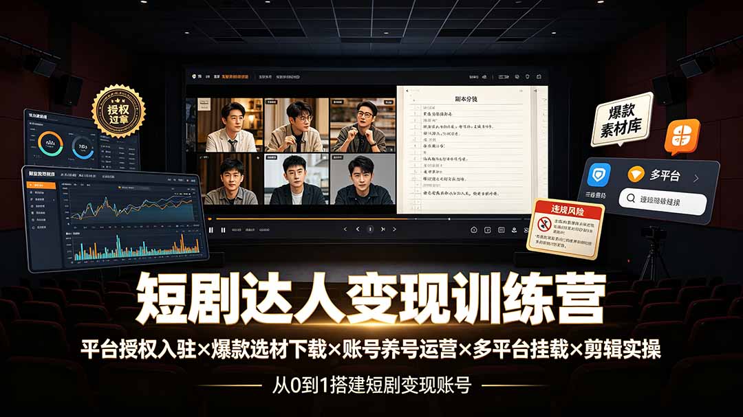 (19551期)短剧达人变现训练营:平台授权入驻×爆款选材下载×账号养号运营×多平台挂载×剪辑实操×违规处理全流程-宇文网创