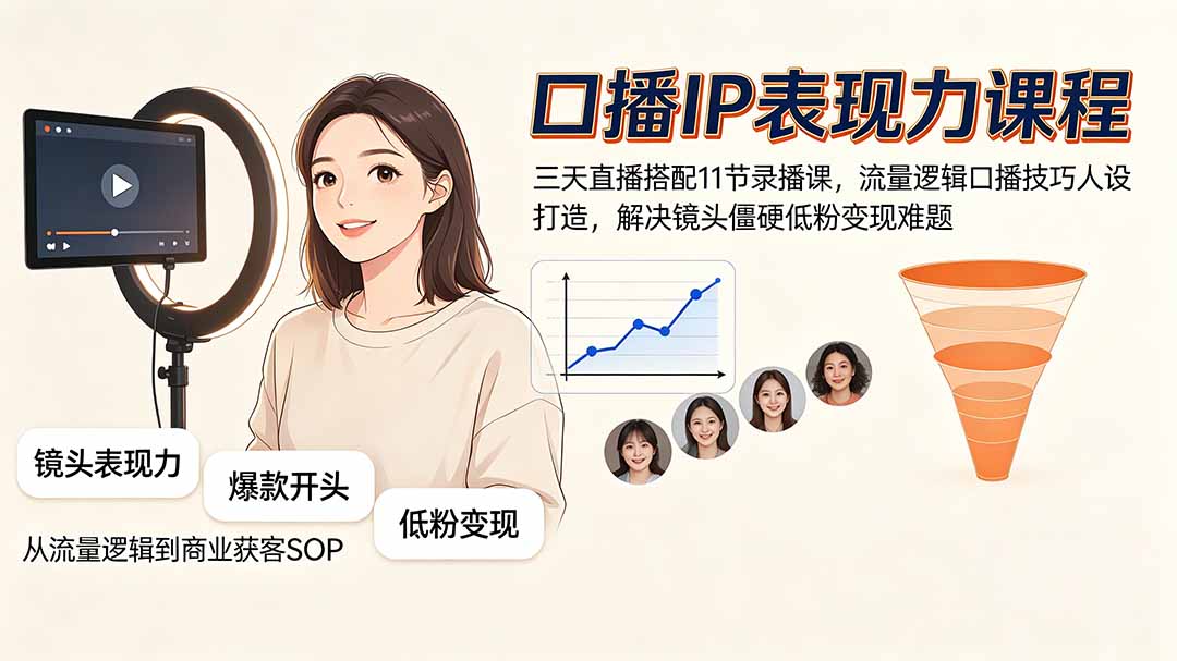 （19604期）口播IP表现力课程｜三天直播搭配11节录播课，流量逻辑口播技巧人设打造，解决镜头僵硬低粉变现难题-宇文网创