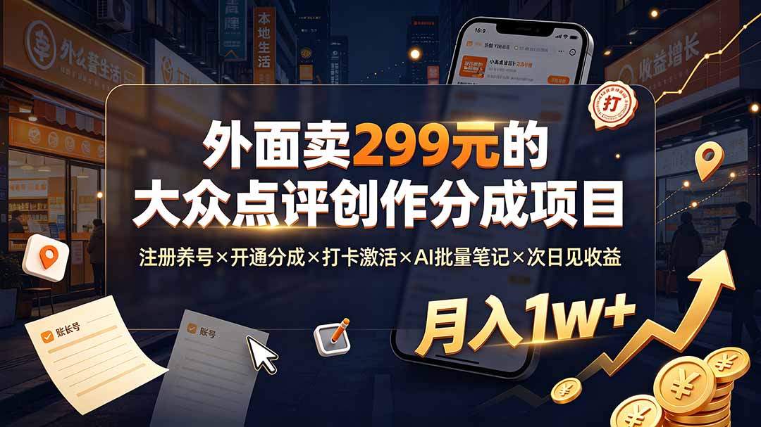 (19488期)外面卖299元的大众点评创作分成项目:注册养号×开通分成×打卡激活×AI批量笔记×次日见收益,月入1w+-宇文网创