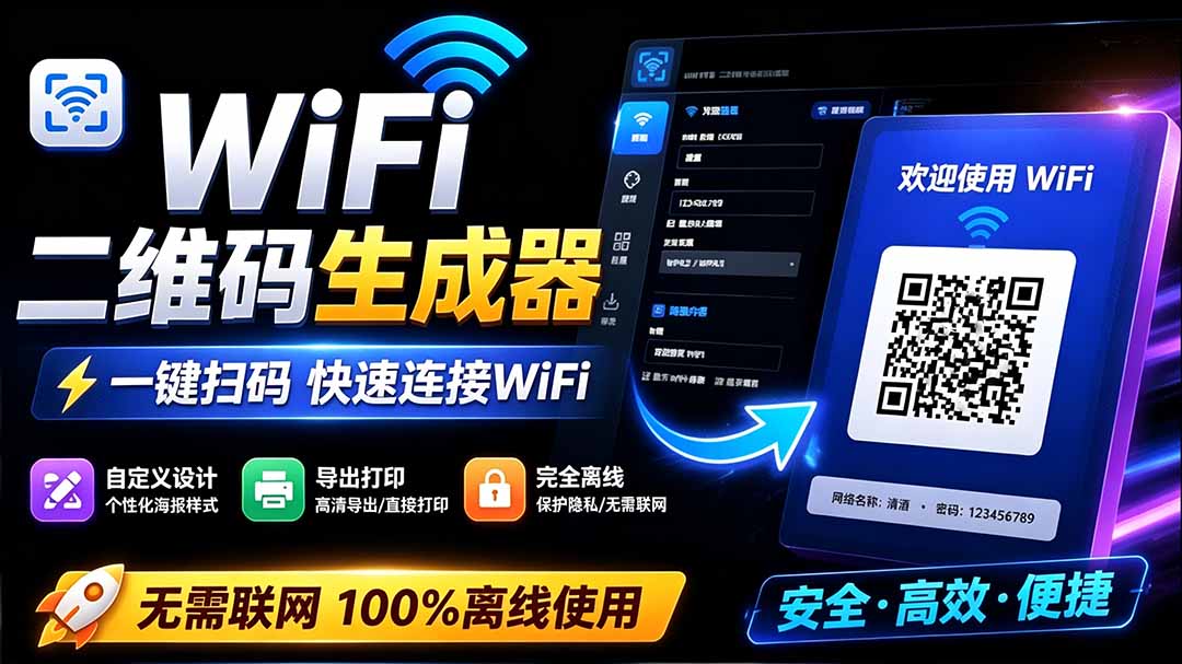 （19566期）完全离线使用！WiFi二维码生成器，一键扫码快速连接WiFi，支持自定义风格导出 WiFi二维码生成器-宇文网创