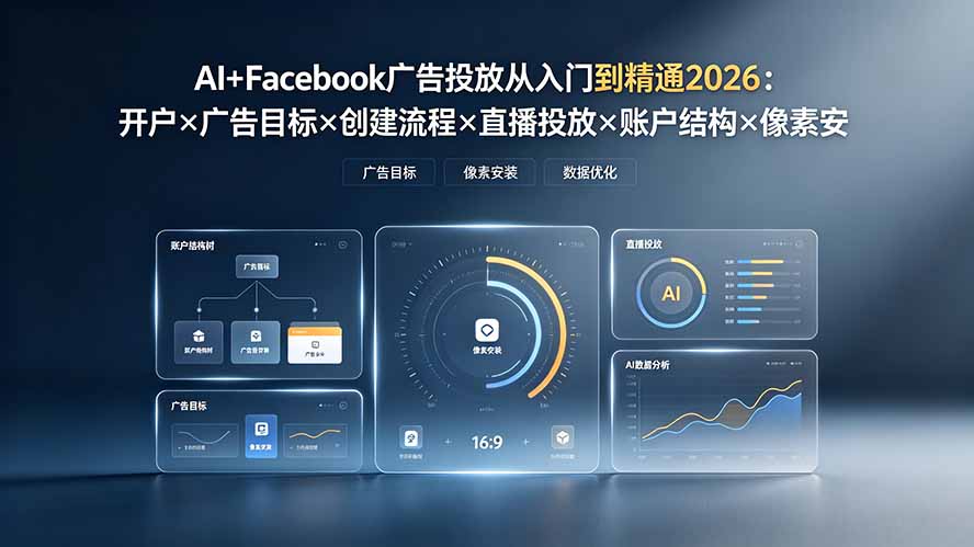 (19465期)AI+Facebook广告投放从入门到精通2026:开户×广告目标×创建流程×直播投放×账户结构×像素安装×AI赋能-宇文网创