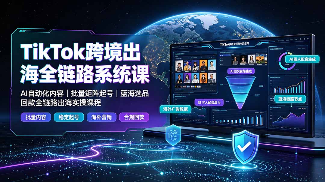 (19425期)TikTok跨境出海全链路系统课-2026年7月:AI自动化内容|批量矩阵起号|蓝海选品回款全链路出海实操课程-宇文网创
