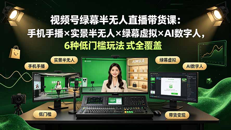 （19271期）视频号绿幕半无人直播带货课：手机手播×实景半无人×绿幕虚拟×AI数字人，6种低门槛玩法全覆盖-宇文网创
