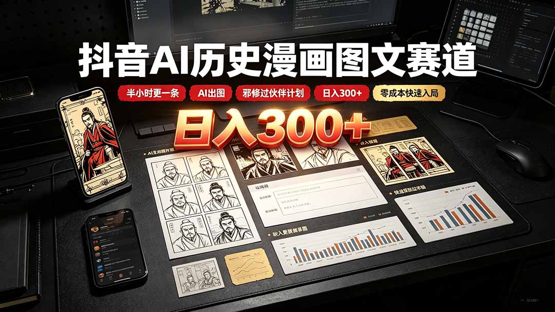 （19498期）抖音AI历史漫画图文赛道：半小时更一条×AI出图×邪修过伙伴计划×日入300+，零成本快速入局-宇文网创
