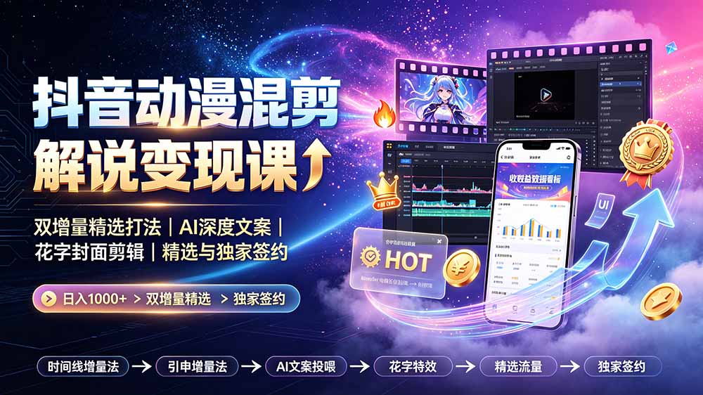 (19311期)抖音动漫混剪解说变现课:双增量精选打法|AI深度文案|花字封面剪辑| 精选与独家签约日入1000+-宇文网创