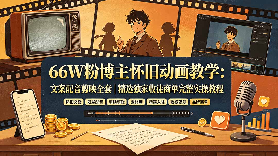 （19499期）66W粉博主怀旧动画教学：文案配音剪映全套｜精选独家收徒商单完整实操教程-宇文网创