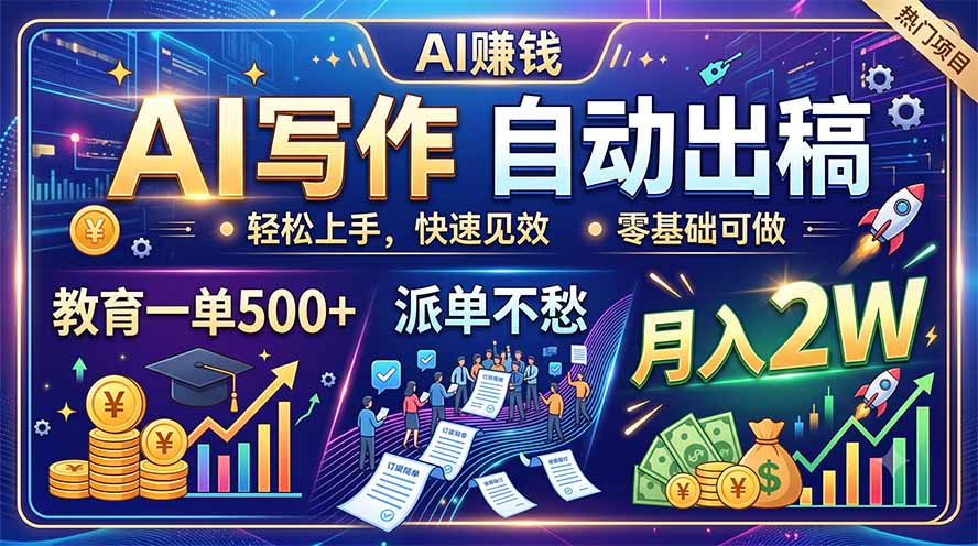 （19614期）AI写作自动出稿，教育一单500+，派单不愁，月入2W-宇文网创