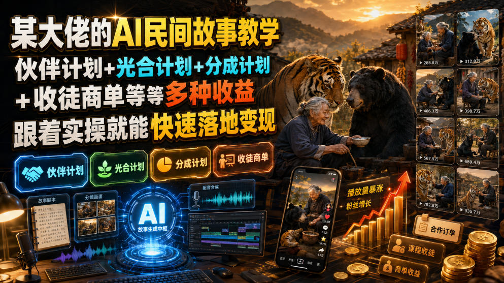 (19360期)某大佬的AI民间故事教学,伙伴计划+光合计划+分成计划+收徒商单等多种收益,跟着实操就能快速落地变现-宇文网创