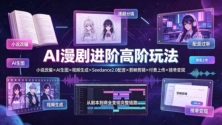 (19430期)AI漫剧进阶高阶玩法:小说改编×AI生图×视频生成×Seedance2.0配音×剪映剪辑×付费上传×接单变现-宇文网创