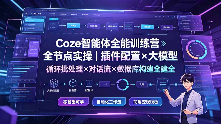 （19324期）Coze智能体全能训练营：全节点实操｜插件配置×大模型×循环批处理×对话流×数据库构建全教学-宇文网创