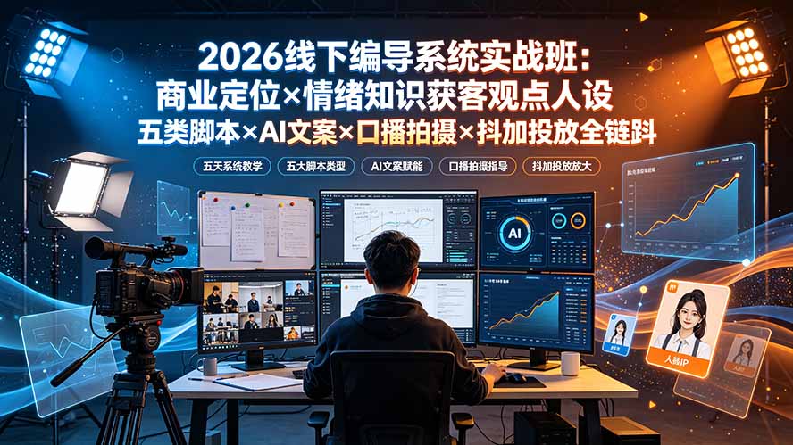 （19501期）2026线下编导系统实战班：商业定位×情绪知识获客观点人设五类脚本×AI文案×口播拍摄×抖加投放全链路-宇文网创
