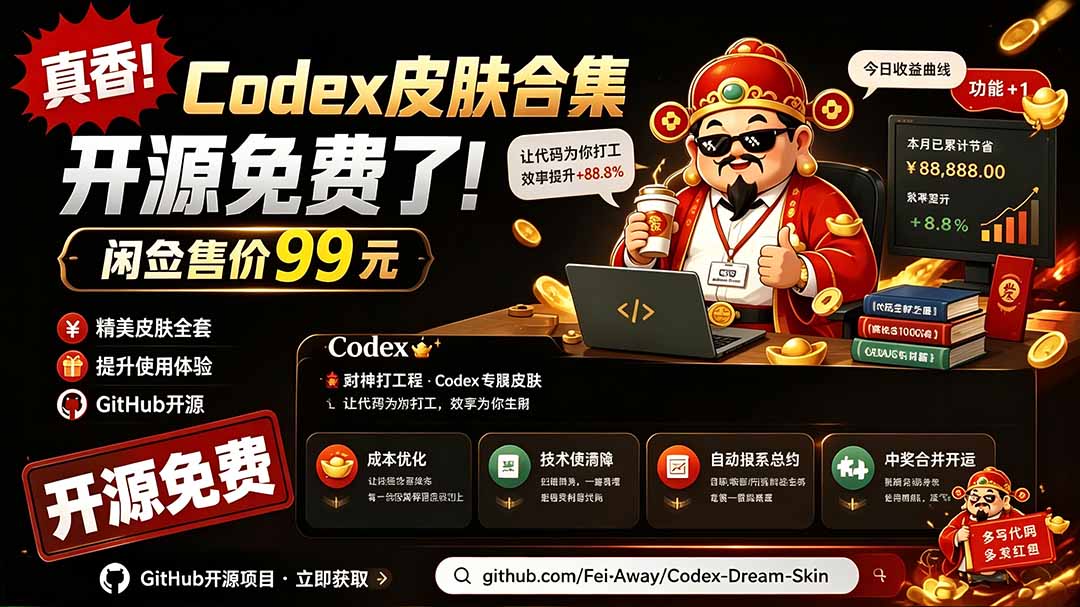(19432期)闲鱼售卖99元的Codex皮肤包,GitHub 免费开源了!让你的codex变成精美界面 Codex Dream Skin-宇文网创