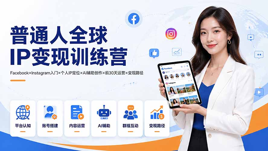 (19568期)普通人全球IP变现训练营:Facebook×Instagram入门×个人IP定位×AI辅助创作×前30天运营×变现路径-宇文网创