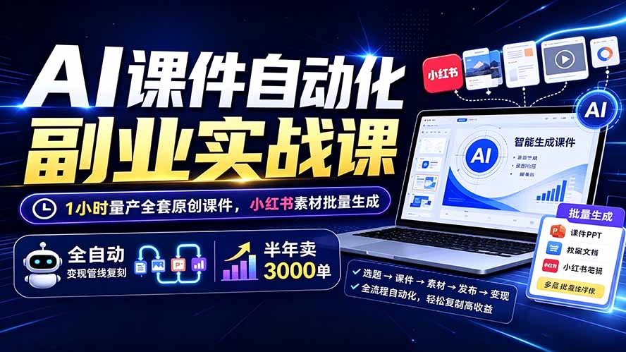 （19518期）AI课件自动化副业实战课：1小时量产全套原创课件×小红书素材批量生成×全自动变现管线×半年卖3000单-宇文网创