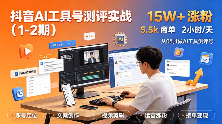 (19380期)抖音AI工具号测评实战(1-2期):单号涨粉15W+×商单5.5k×伙伴计划×普通人可复制,每天2小时长期可持续-宇文网创