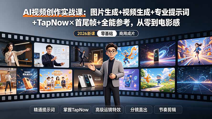 (19383期)AI视频创作实战课:图片生成+视频生成+专业提示词+TapNow×首尾帧+全能参考,从零到电影感成片-宇文网创