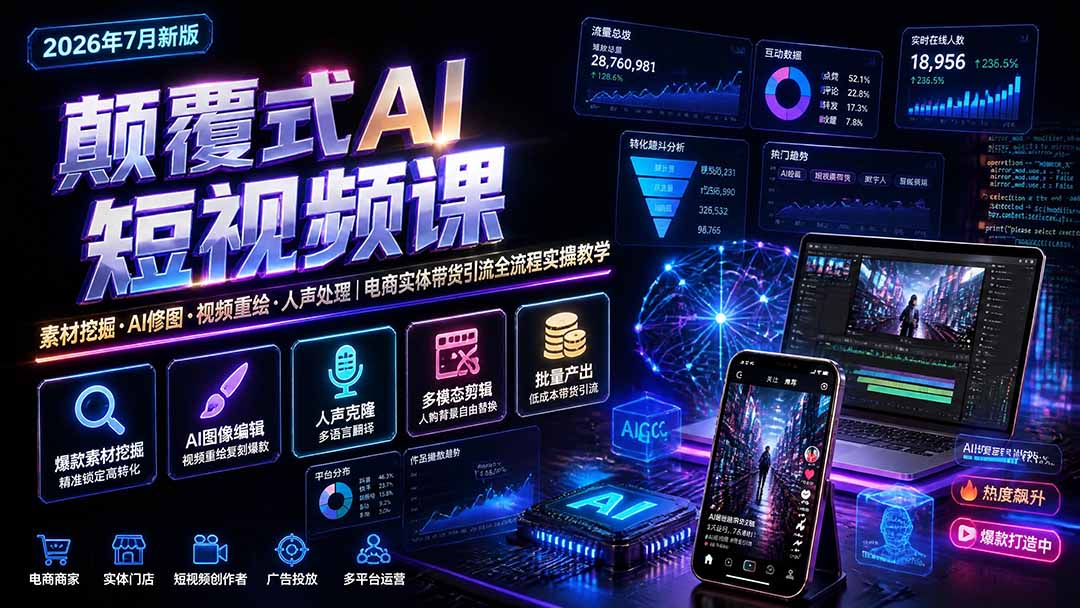 (19630期)颠覆式AI短视频课|素材挖掘,AI修图,视频重绘,人声处理|电商实体带货引流全流程实操教学-宇文网创