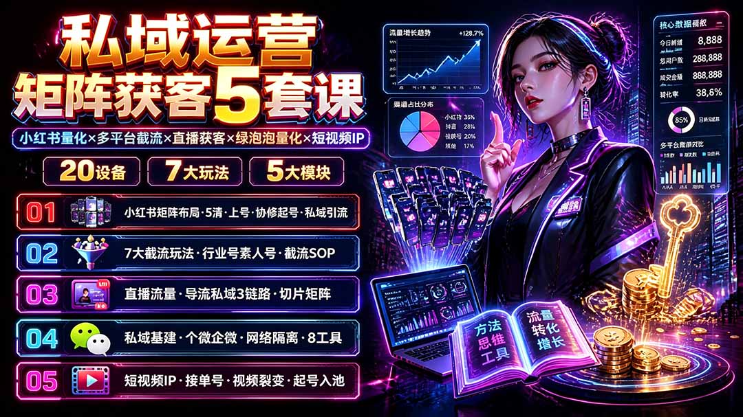 （19617期）私域运营矩阵获客5套课：小红书量化×多平台截流×直播获客×绿泡泡量化×短视频IP×20设备×7大玩法-宇文网创