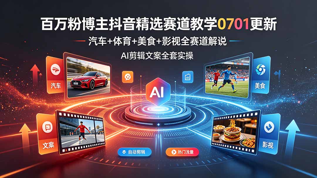 （19144期）百万粉博主抖音精选赛道教学-0701更新，汽车+体育+美食+影视全赛道解说，AI剪辑文案全套实操-宇文网创