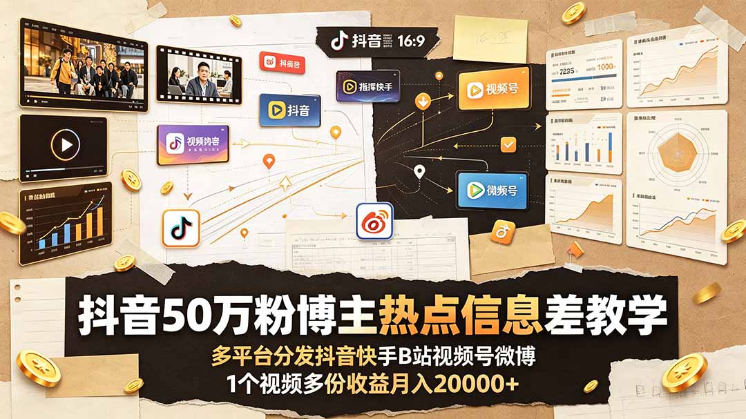 （19145期）抖音50万粉博主热点信息差教学：多平台分发抖音快手B站视频号微博，1个视频多份收益月入20000+-宇文网创