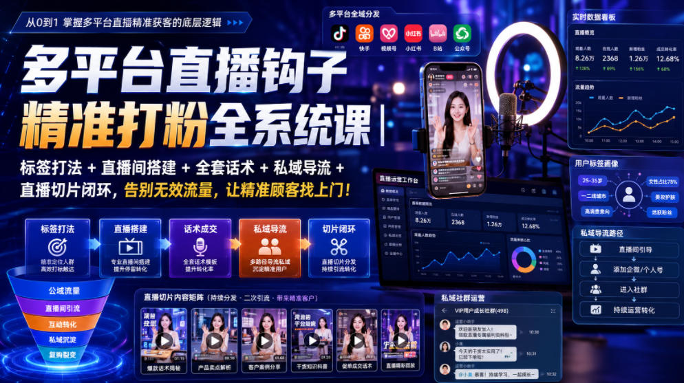 多平台直播钩子精准打粉全系统课｜标签打法+直播间搭建+全套话术+私域导流+直播切片闭环，告别无效流量，让精准顾客找上门！-宇文网创
