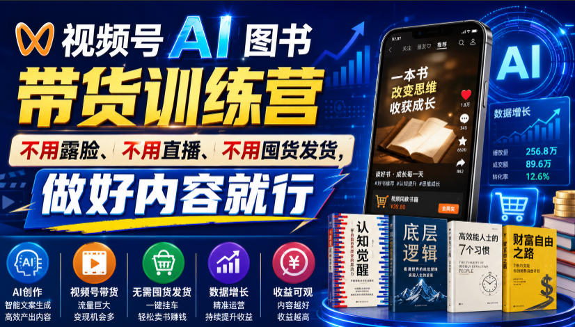 视频号AI图书带货训练营,不用露脸、不用直播、不用囤货发货,做好内容就行,一条爆款视频佣金8942-宇文网创