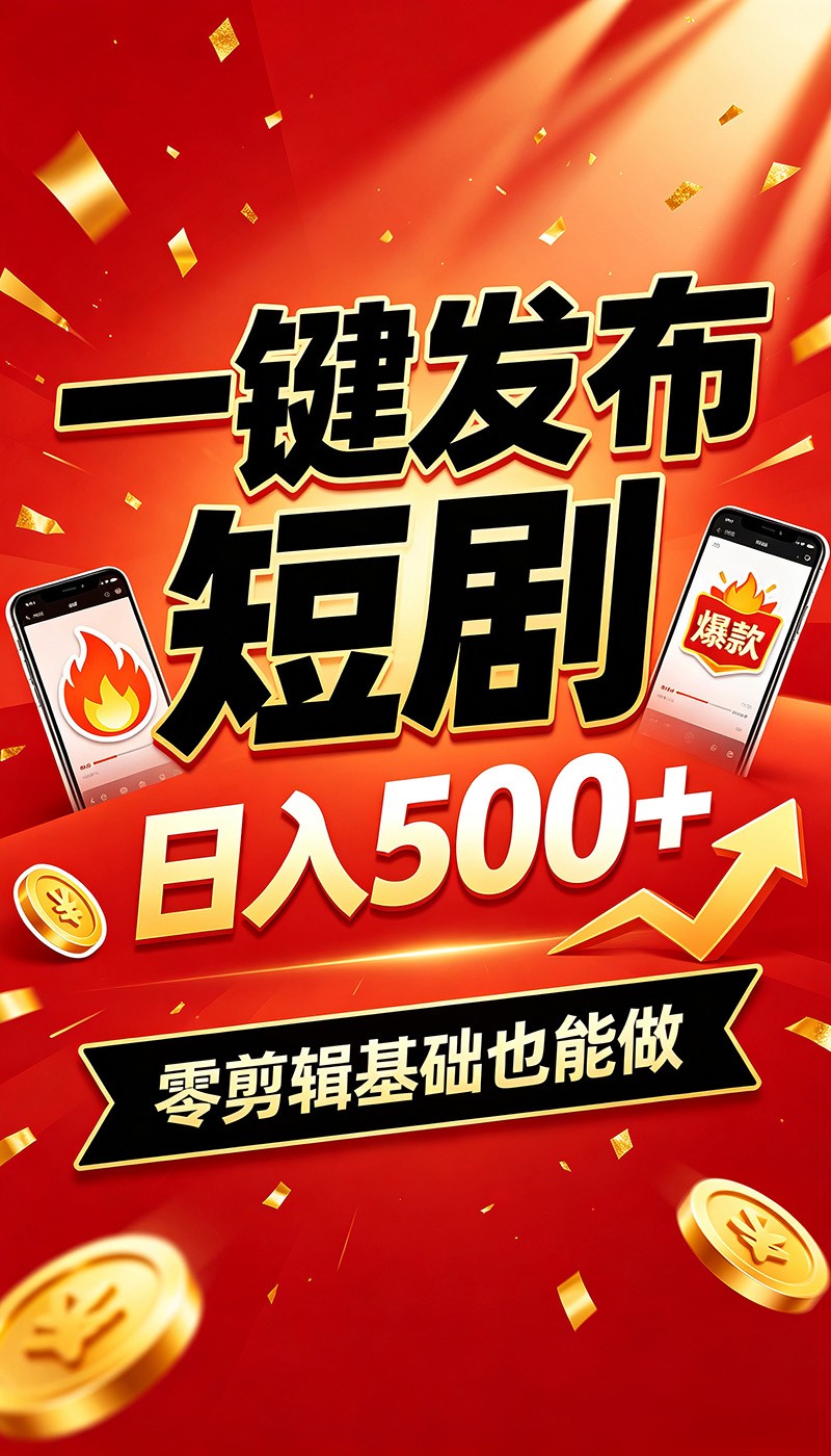 快手短剧一键发布，不用剪辑操作简单，副业日入500+。空闲时间轻松赚收益-宇文网创