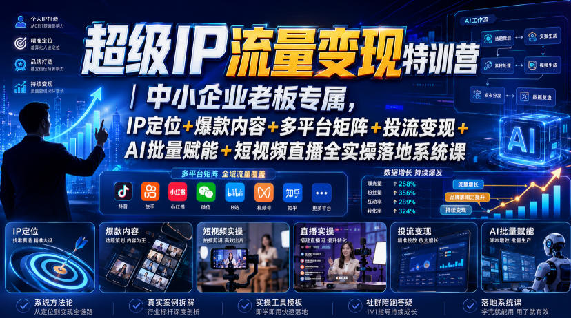 超级IP流量变现特训营|中小企业老板专属,IP定位+爆款内容+多平台矩阵+投流变现+AI批量赋能+短视频直播全实操落地系统课-宇文网创