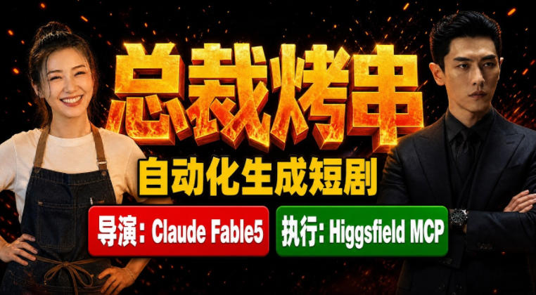 Claude Fable5担任导演+Higgsfield MCP落地执行|《总裁烤串》真人质感短剧全自动AI生成全流程教学-宇文网创