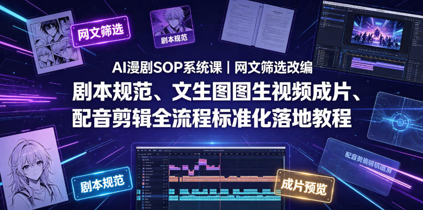 AI漫剧SOP系统课｜网文筛选改编、剧本规范、文生图图生视频成片、配音剪辑全流程标准化落地教程-宇文网创