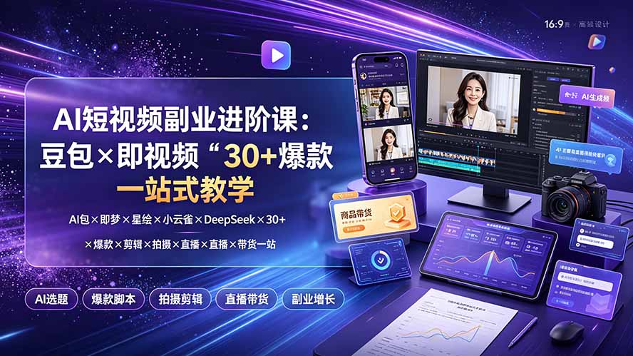 (19458期)AI短视频副业进阶课:豆包×即梦×星绘×小云雀×DeepSeek×30+爆款×剪辑×拍摄×直播×带货一站式教学-宇文网创
