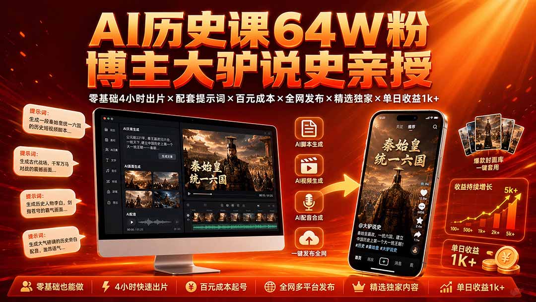 (19557期)AI历史课64W粉博主大驴说史亲授:零基础4小时出片×配套提示词×百元成本×全网发布×精选独家×单日收益1k+-宇文网创