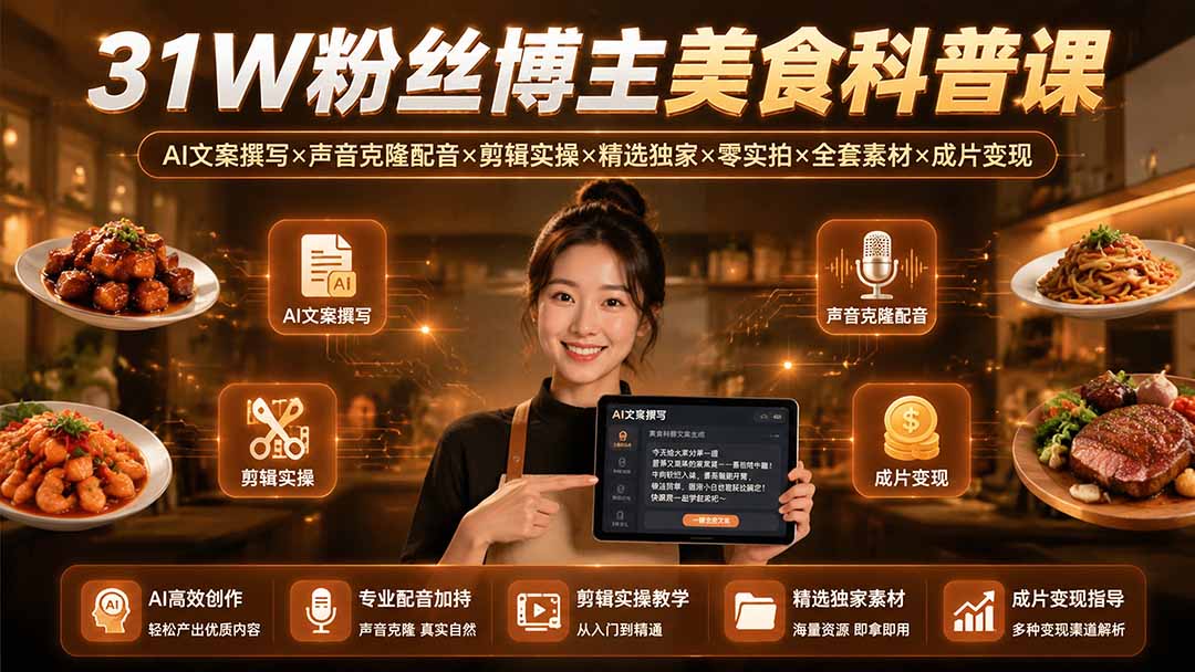 (19558期)31W粉丝博主美食科普课:AI文案撰写×声音克隆配音×剪辑实操×精选独家×零实拍×全套素材×成片变现-宇文网创