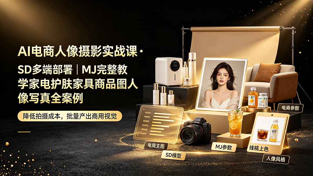 （19262期）AI电商人像摄影实战课·SD多端部署｜MJ完整教学｜家电护肤家具商品图人像写真全案例-宇文网创