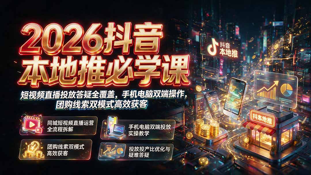 (19618期)2026抖音本地推必学课|短视频直播投放答疑全覆盖,手机电脑双端操作,团购线索双模式高效获客-宇文网创