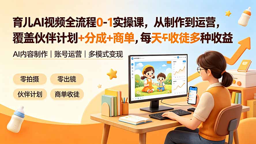 (19236期)育儿AI视频全流程0-1实操课,从制作到运营,覆盖伙伴计划+分成+商单+收徒多种收益,每天500+收益-宇文网创