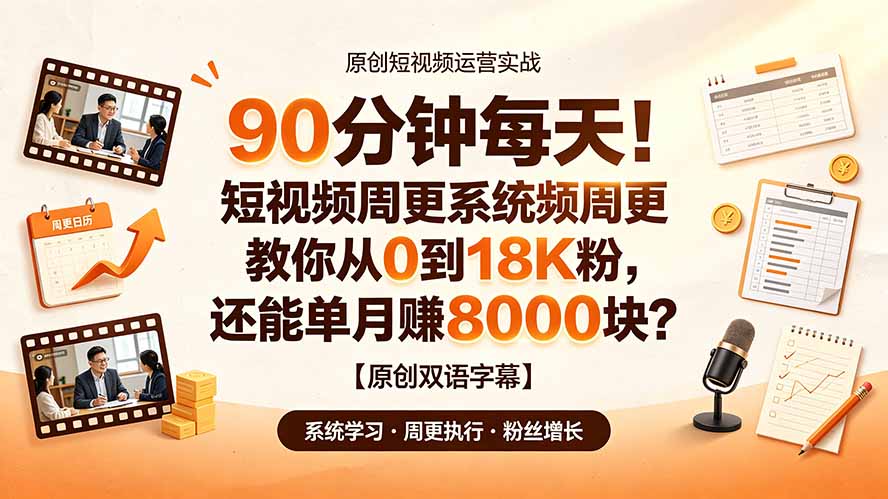 （19265期）90 分钟每天！短视频周更系统教你从 0 到 18K 粉，还能单月赚 8000 块？【原创双语字幕】-宇文网创