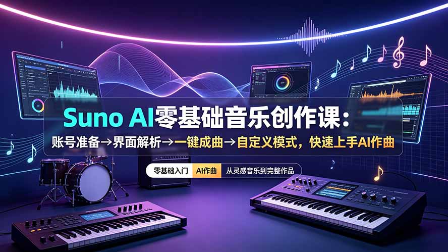 （19264期）Suno AI零基础音乐创作课：账号准备→界面解析→一键成曲→自定义模式，快速上手AI作曲-宇文网创
