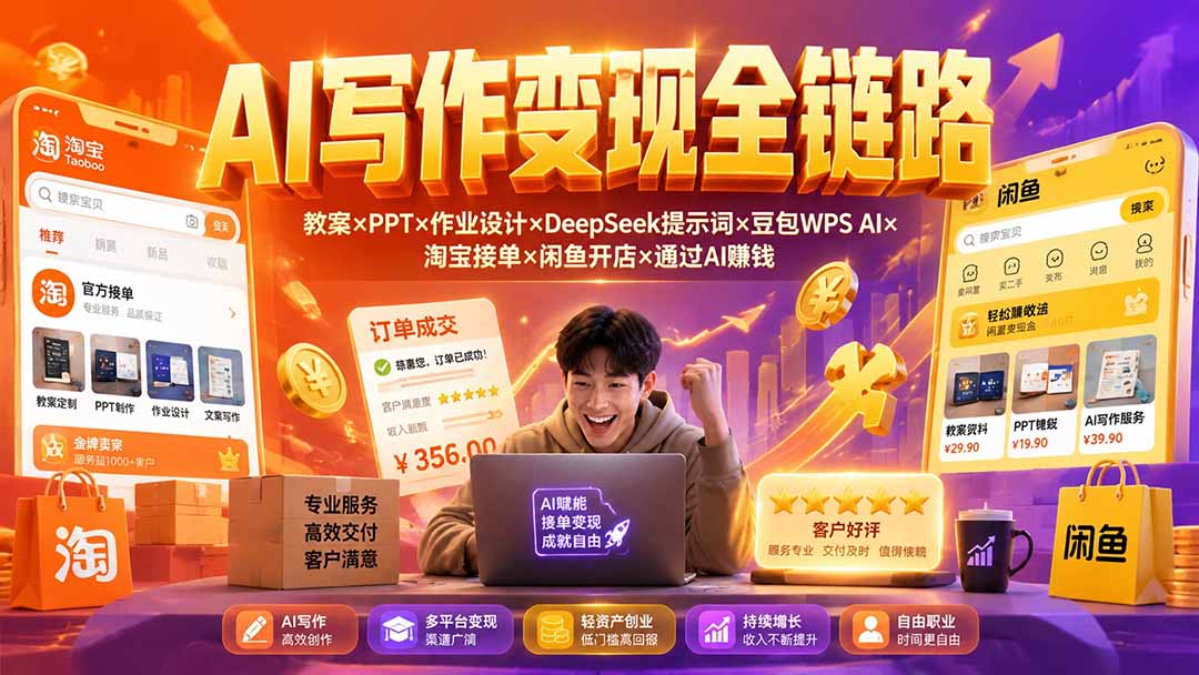 (19561期)2026AI写作变现全链路:教案×PPT×作业设计×DeepSeek提示词×豆包WPS AI×淘宝接单×闲鱼开店×通过AI賺钱-宇文网创
